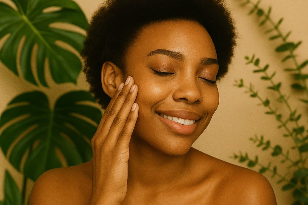 Woman applying serum representing calm and gentle skincare.
